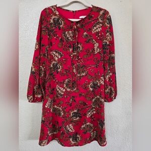 Boho Red Floral Long Sleeve Dress